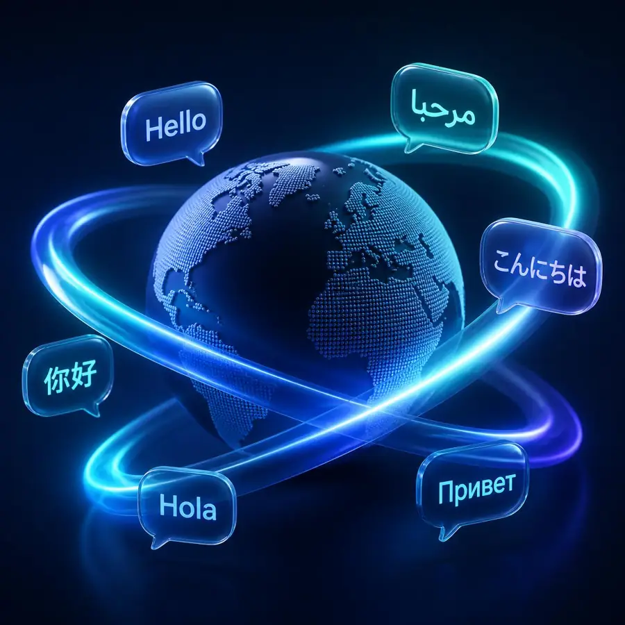 A ribbon of light looping around a globe surrounded by chat bubbles in many languages